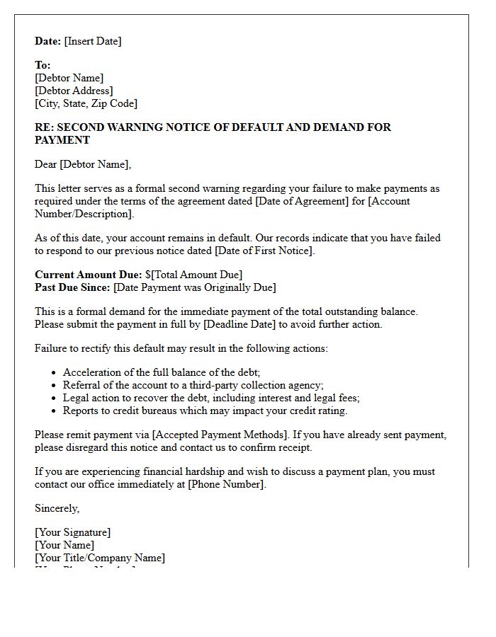 Second Warning Notice of Default and Demand for Payment Letter