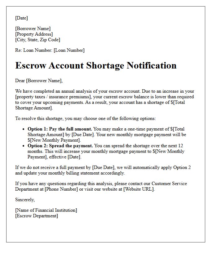Escrow Account Shortage Notification Letter