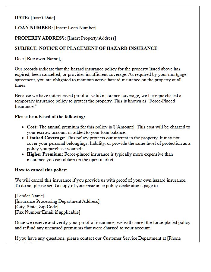 Force-Placed Hazard Insurance Notice Letter