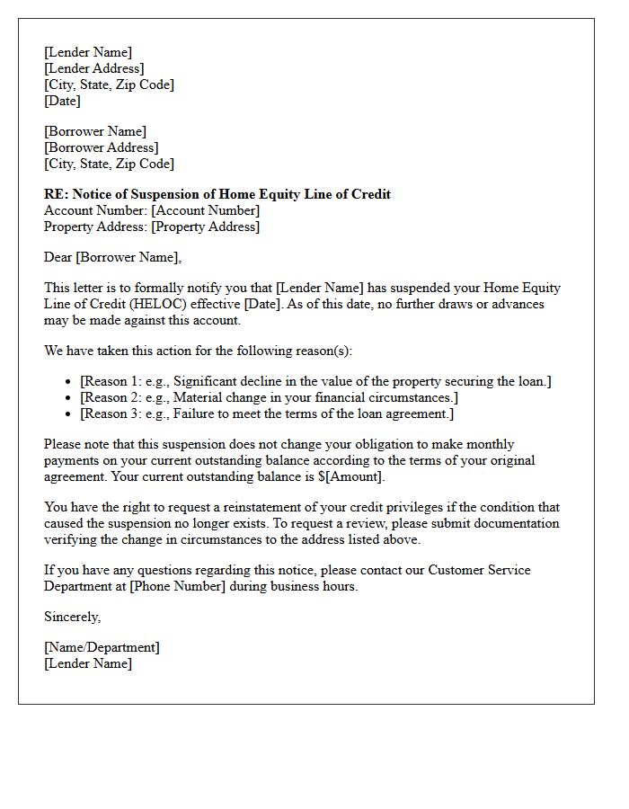Home Equity Line of Credit Suspension Letter
