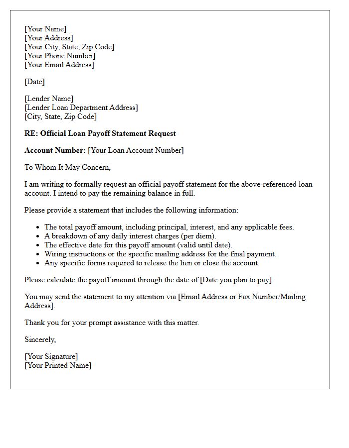 Official Loan Payoff Request Letter
