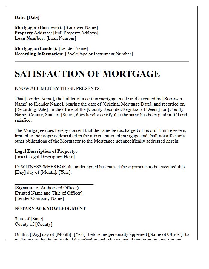 Satisfaction of Mortgage Release Letter
