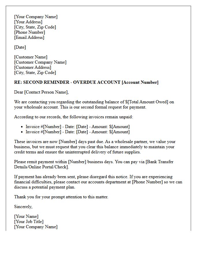 Debt Collection Second Reminder Letter for Wholesale Supplies