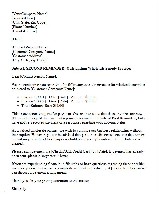 Outstanding Wholesale Supply Invoices Second Reminder Letter