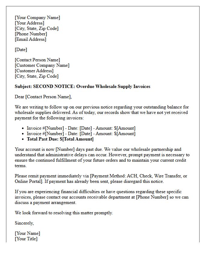 Second Collection Letter Regarding Unpaid Wholesale Supply Invoices