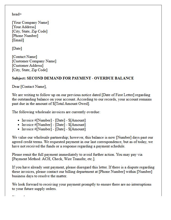 Second Demand Letter for Overdue Wholesale Supply Balances