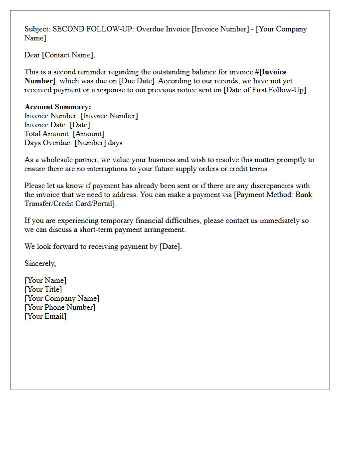 Second Follow-Up Letter for Wholesale Supply Invoice Collection
