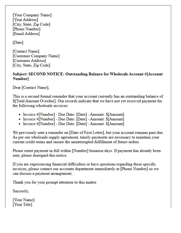Second Outstanding Balance Letter for Wholesale Supply Invoices