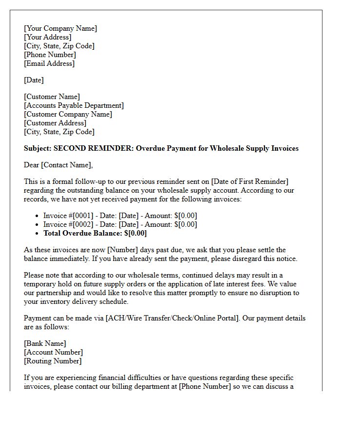 Second Reminder Letter for Overdue Wholesale Supply Invoices