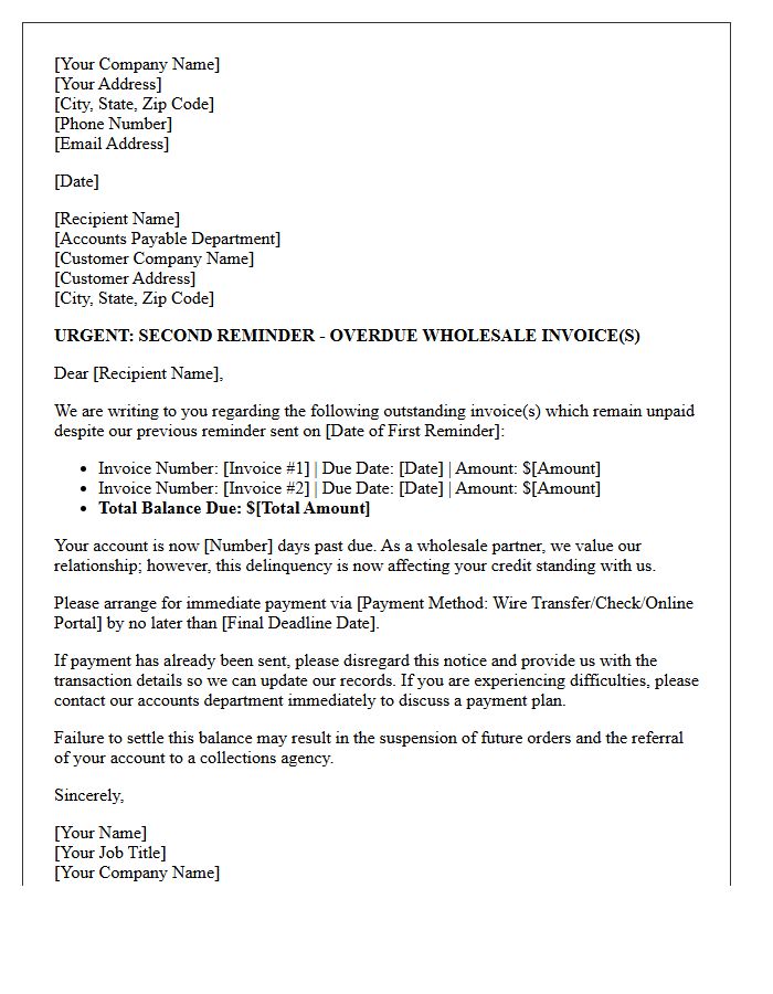Urgent Second Reminder Letter for Outstanding Wholesale Invoices