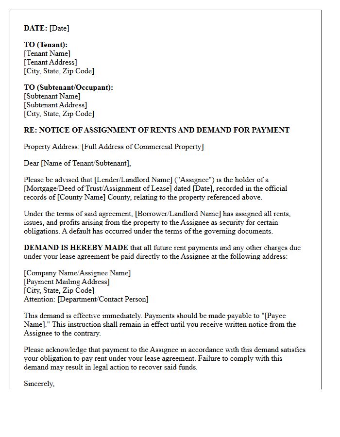 Commercial Property Rent Assignment Demand Letter