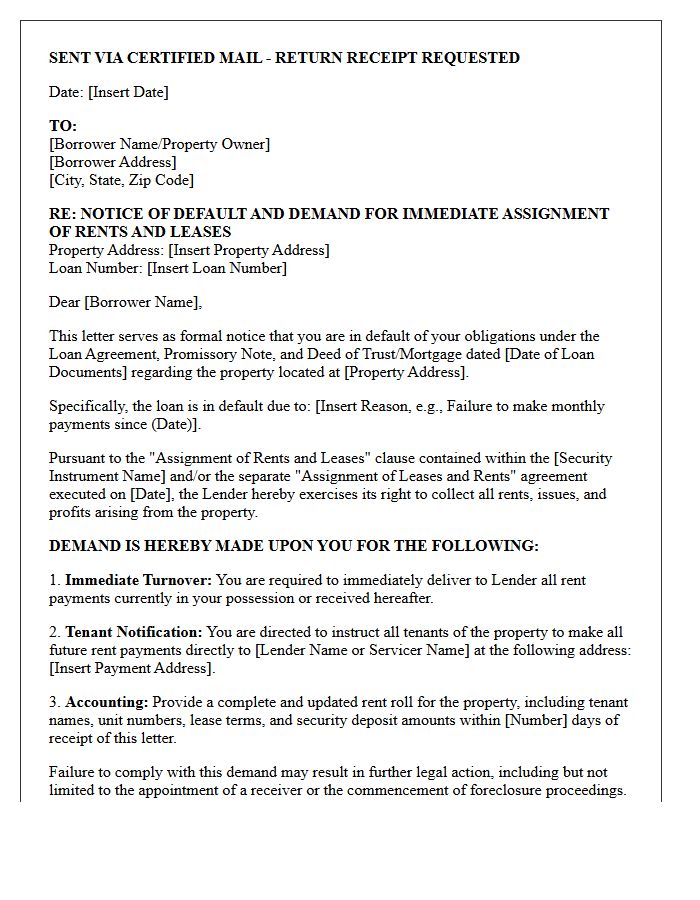 Demand Letter for Immediate Assignment of Rents and Leases