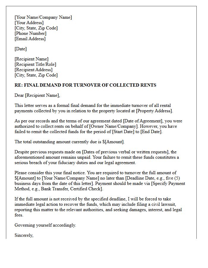 Final Demand Letter for Turnover of Collected Rents