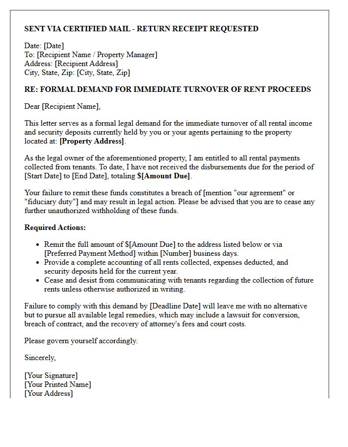 Legal Demand Letter for Immediate Turnover of Rents