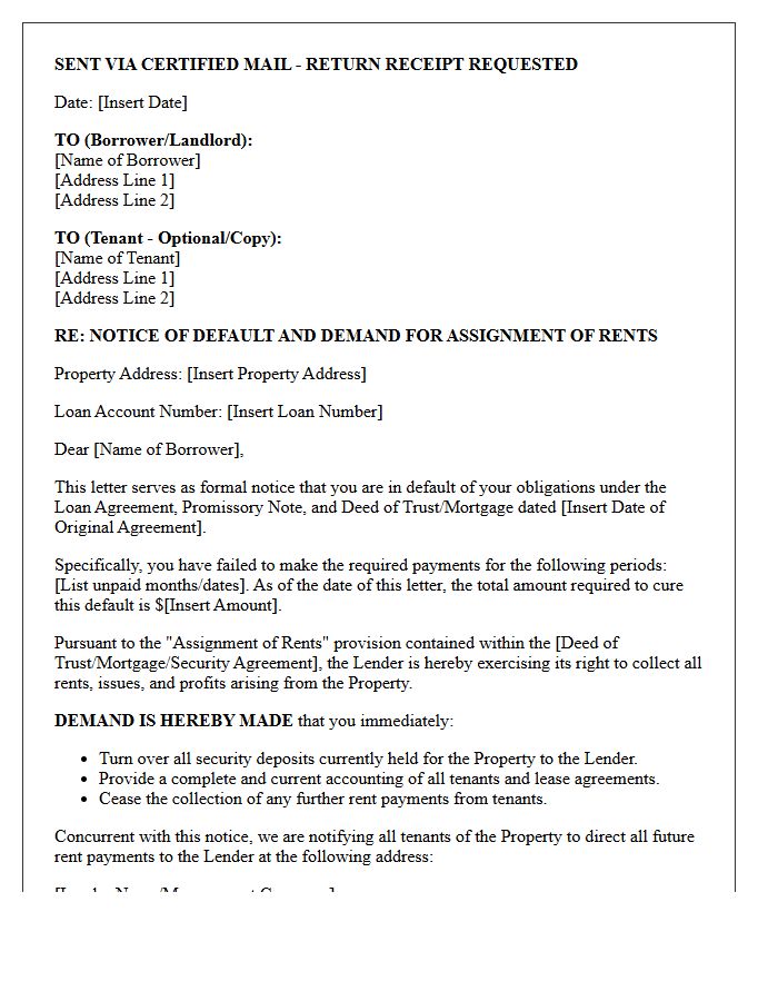 Notice of Default and Demand Letter for Rent Assignment