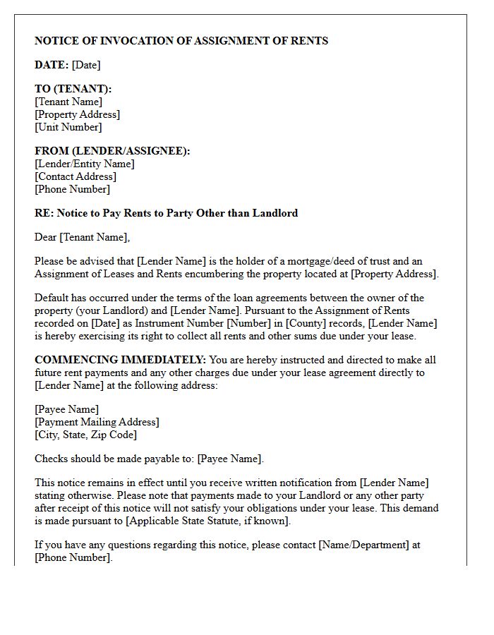 Notice of Invocation of Assignment of Rents Letter