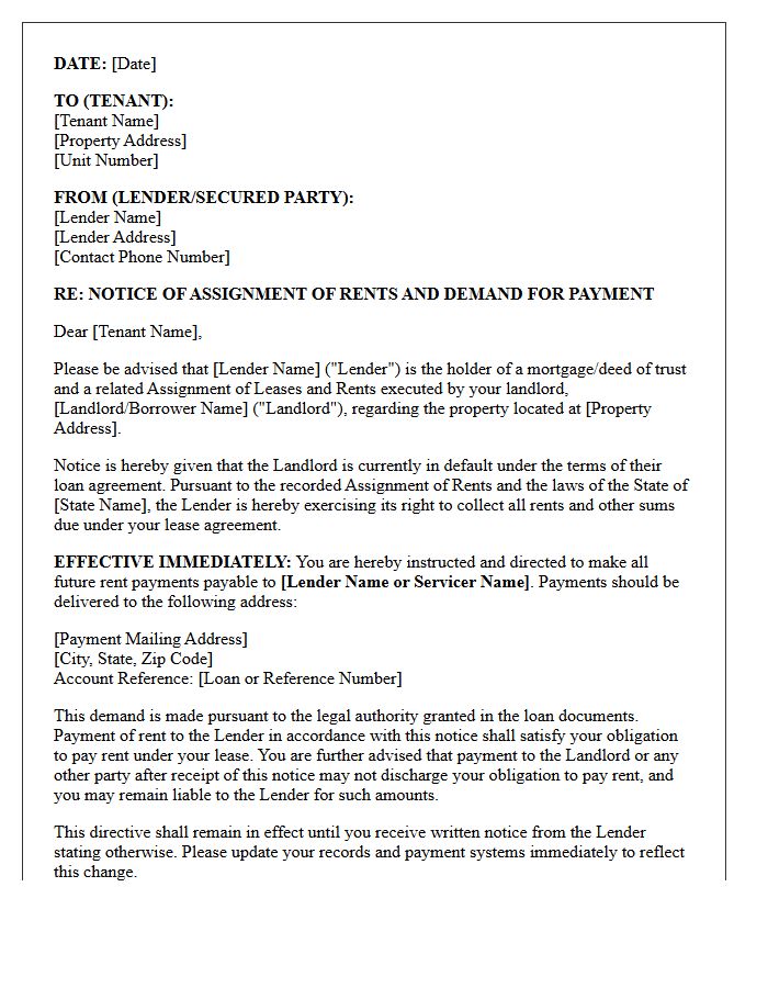 Pre-Foreclosure Rent Assignment Demand Letter
