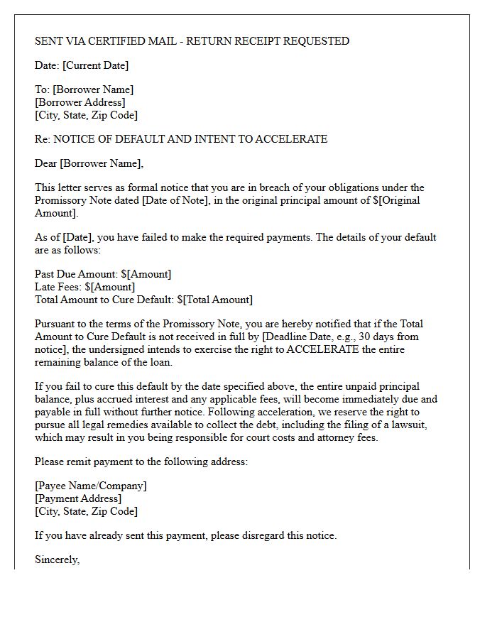 Breach of Promissory Note Intent to Accelerate Letter