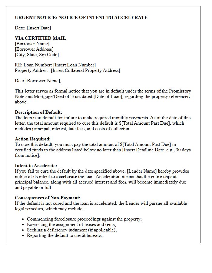 Commercial Mortgage Notice of Intent to Accelerate Letter
