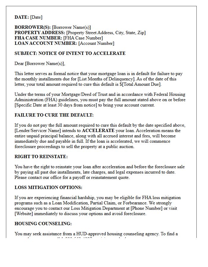 Federal Housing Administration Loan Intent to Accelerate Letter