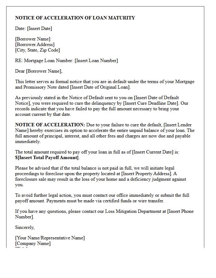 Delinquent Mortgage Loan Acceleration Letter