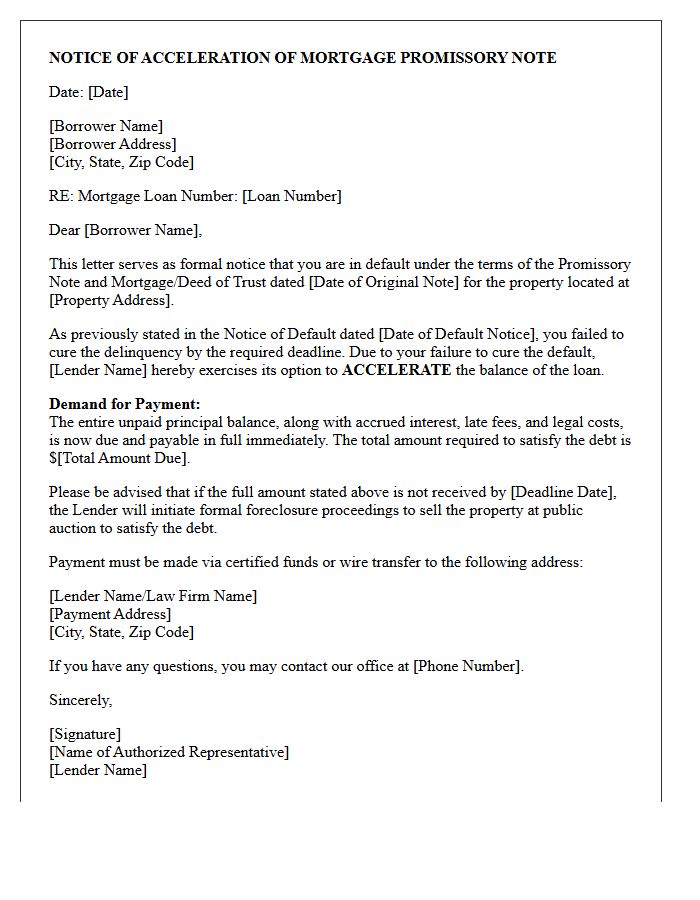 Notice of Acceleration of Mortgage Promissory Note Letter