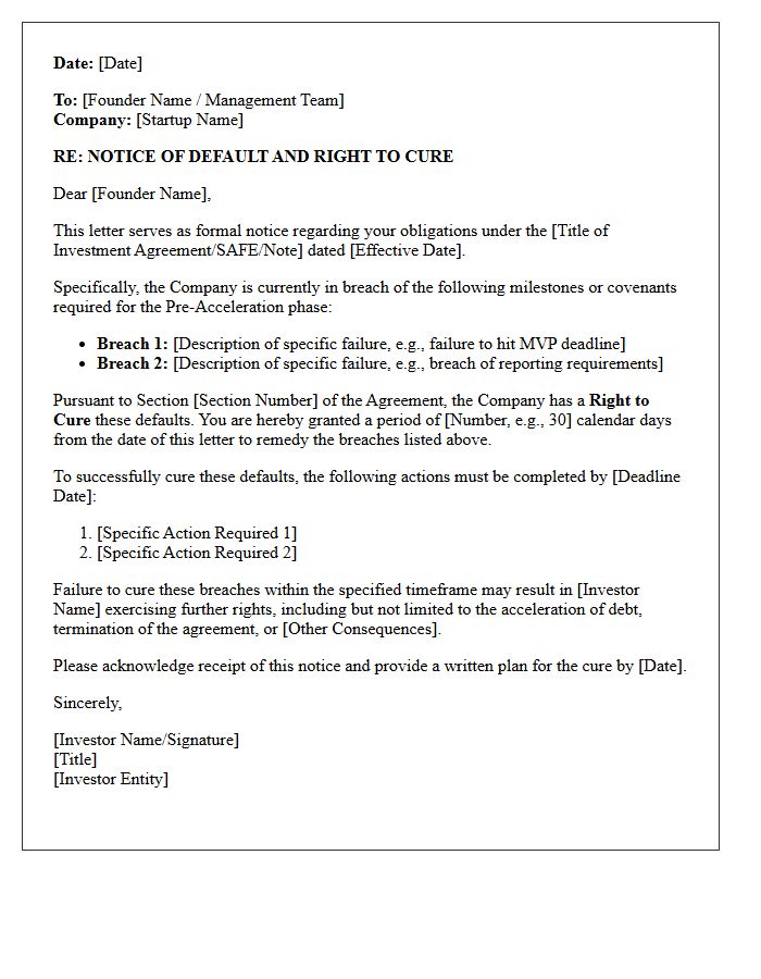 Investor Backed Pre-Acceleration Right to Cure Letter