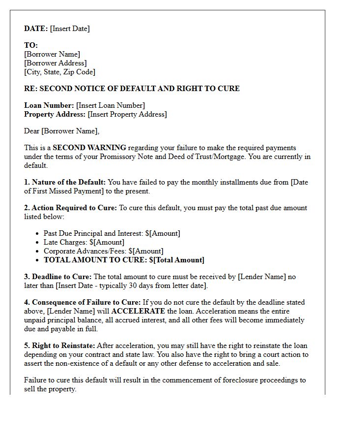 Second Warning Pre-Acceleration Right to Cure Letter