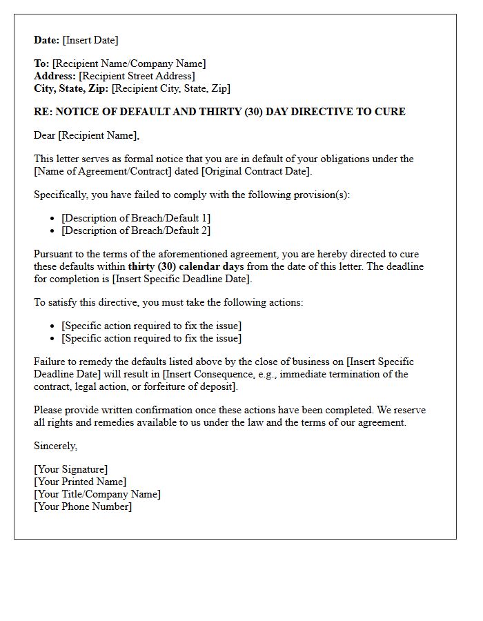 Thirty Day Cure Deadline Letter Directive