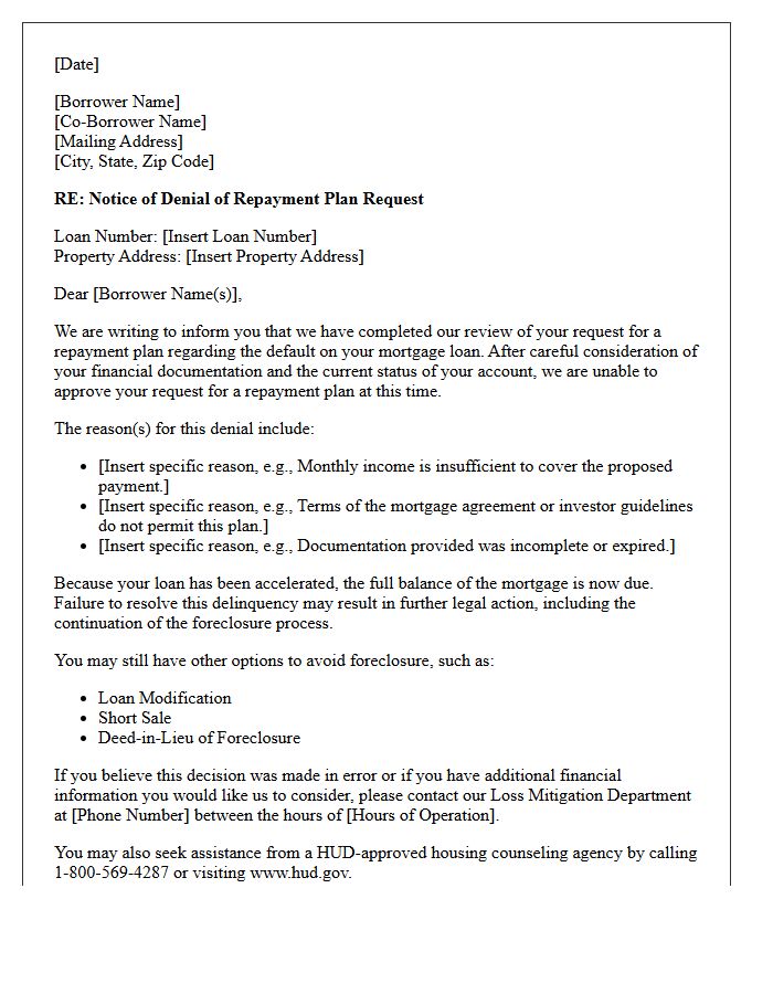 Mortgage Default Acceleration Repayment Plan Denial Letter