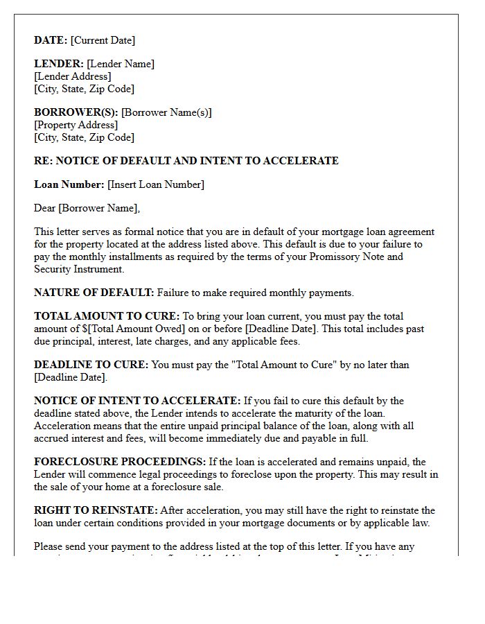 Mortgage Lender Notice of Default and Imminent Acceleration Letter