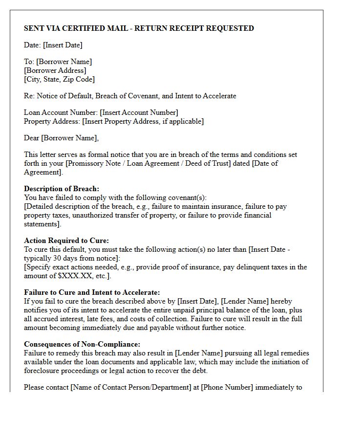Notice of Covenant Breach and Intent to Accelerate Letter