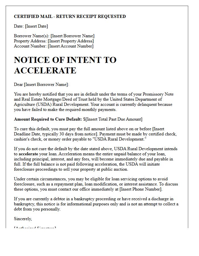 Notice of Intent to Accelerate United States Department of Agriculture Rural Development Loan Letter