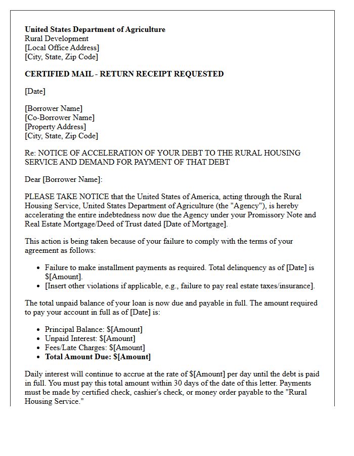 Official United States Department of Agriculture Rural Development Loan Acceleration Letter