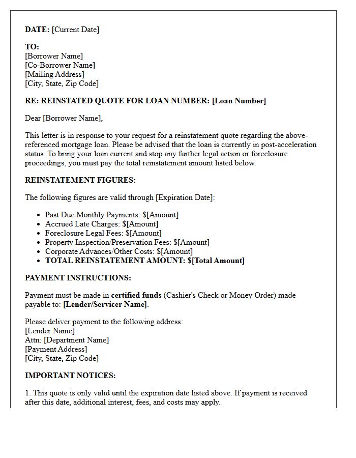 Post-Acceleration Mortgage Loan Reinstatement Quote Letter