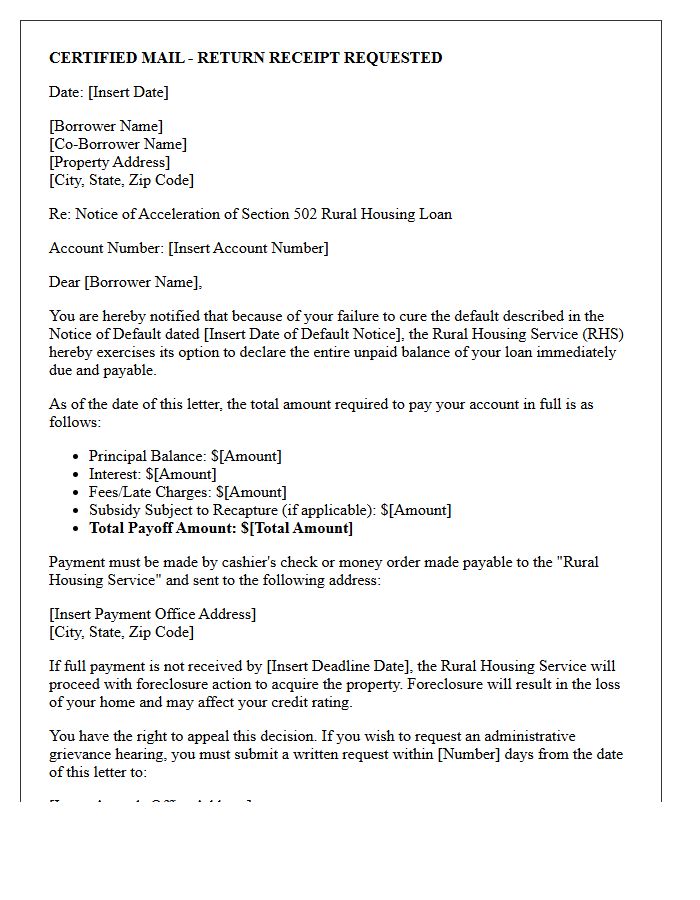 Rural Housing Service Loan Acceleration Declaration Letter