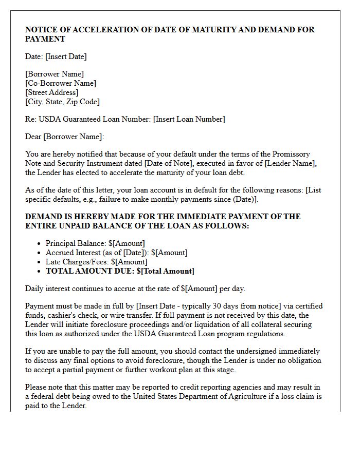 United States Department of Agriculture Guaranteed Loan Servicing Acceleration Notice Letter