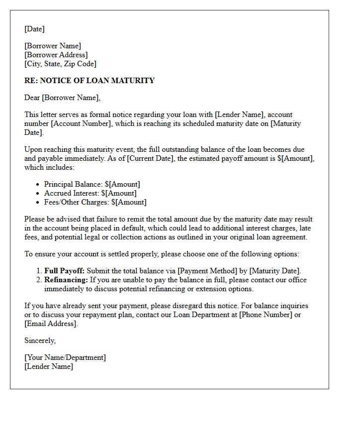 Borrower Passing Maturity Event Notice Letter