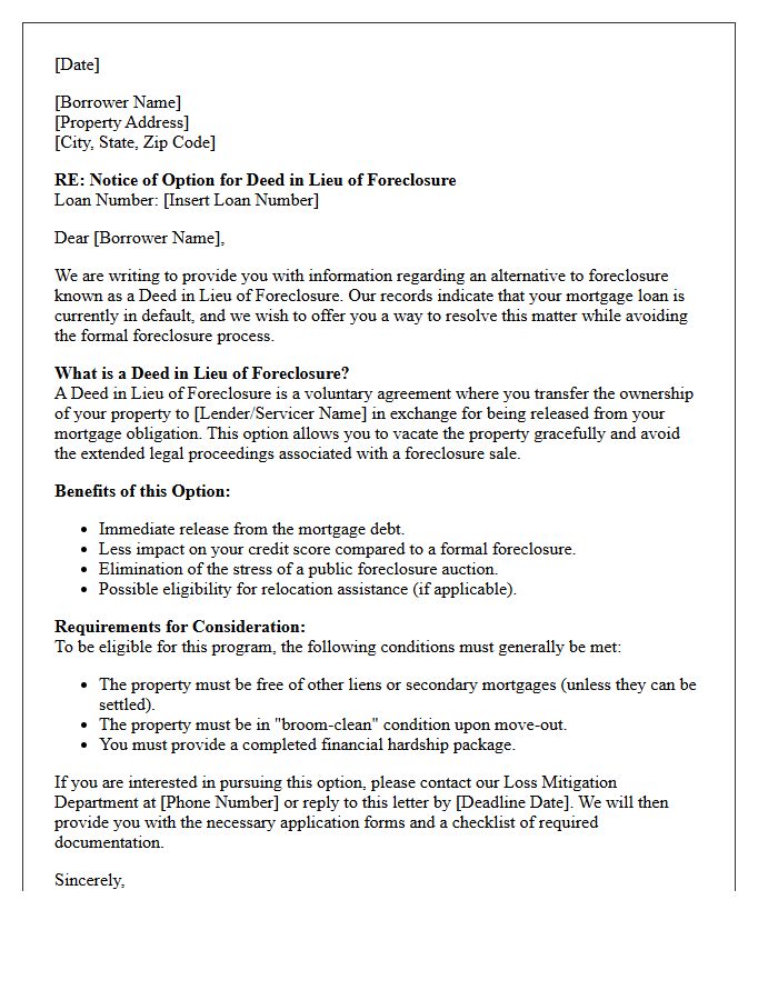 Deed in Lieu of Foreclosure Option Letter