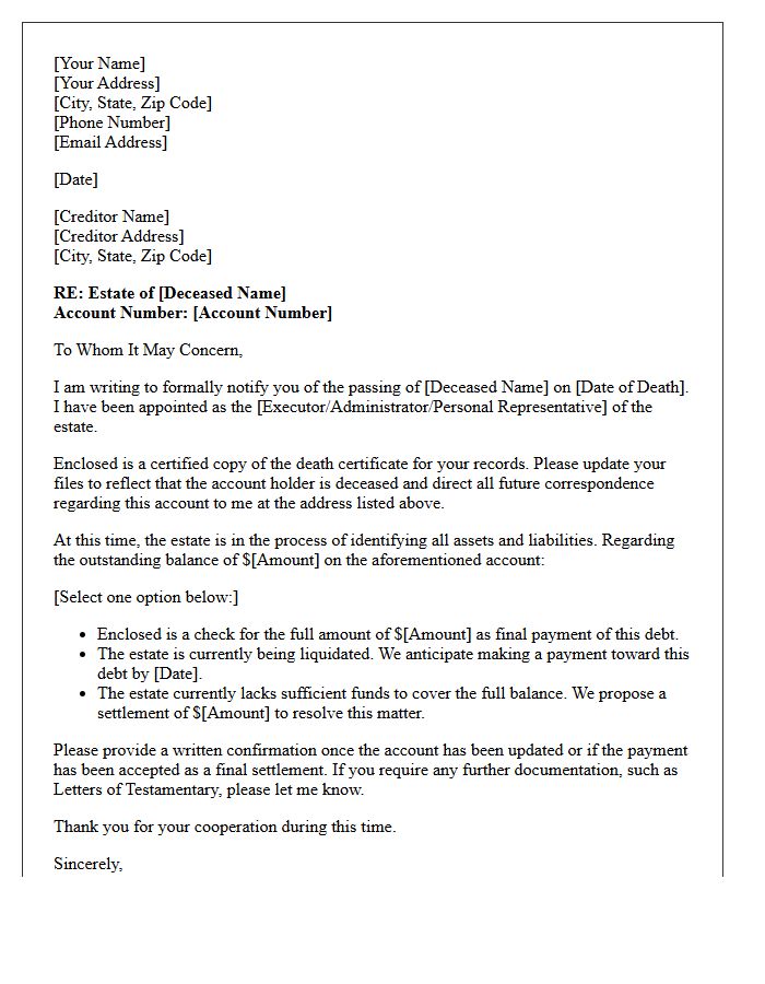 Estate Settlement and Debt Repayment Letter