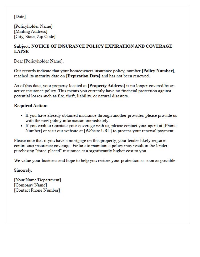 Homeowner Insurance Lapse Maturity Letter