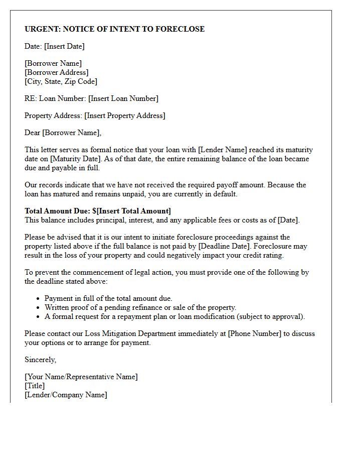 Notice of Intent to Foreclose Maturity Letter