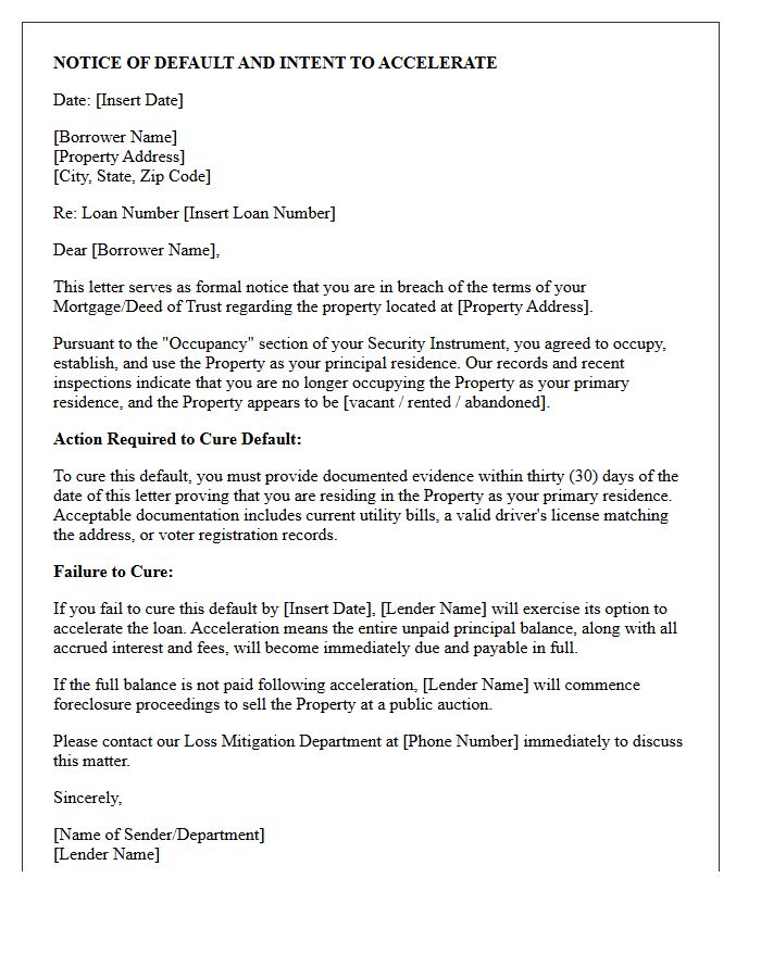 Primary Residence Non-Occupancy Acceleration Letter