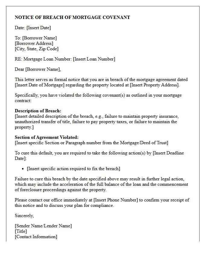 Breach of Mortgage Covenant Notice Letter