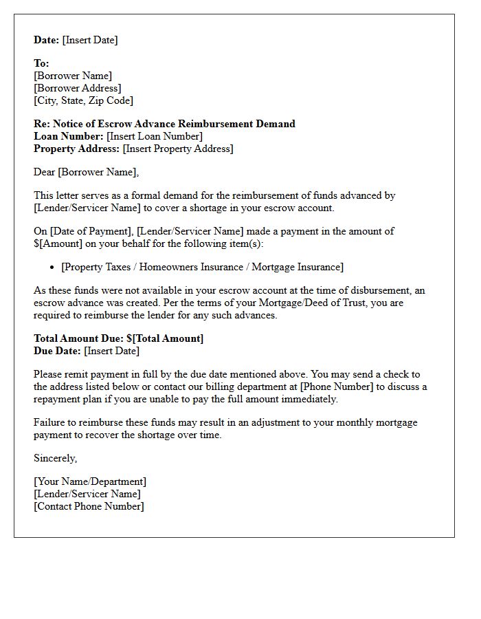 Escrow Advance Reimbursement Demand Letter