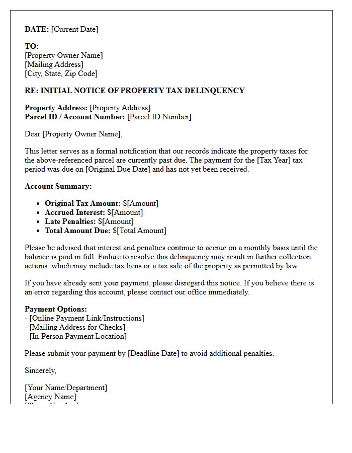Initial Property Tax Delinquency Warning Letter