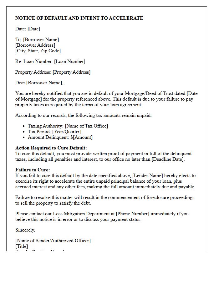 Mortgage Acceleration Demand for Tax Default Letter