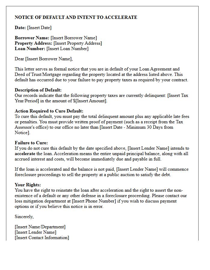 Pre-Acceleration Tax Default Cure Letter
