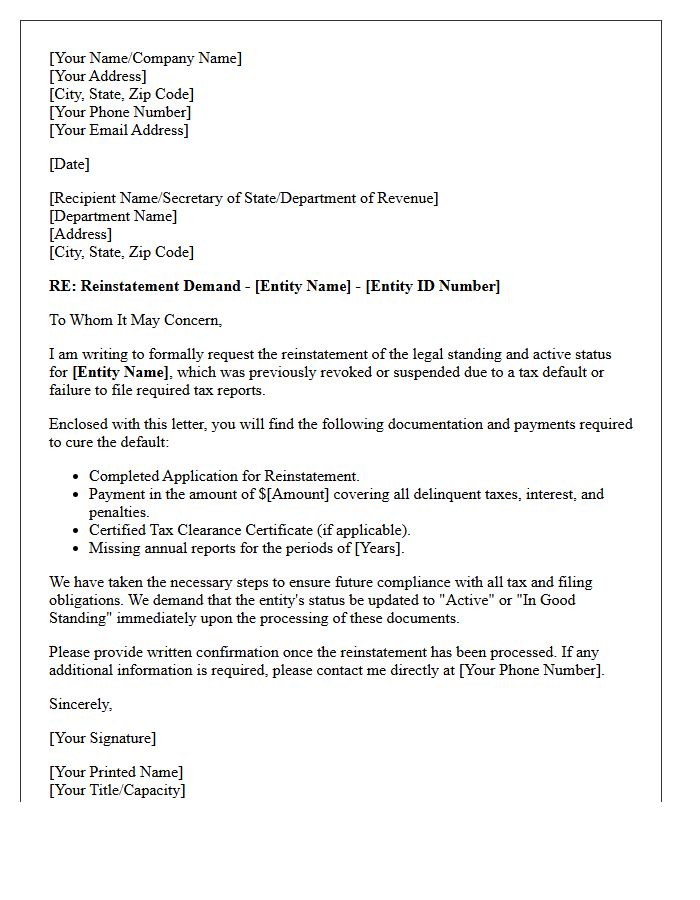 Reinstatement Demand Following Tax Default Letter