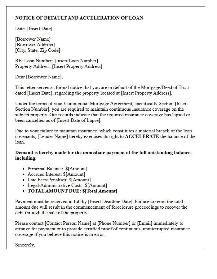 Commercial Mortgage Uninsured Property Acceleration Letter
